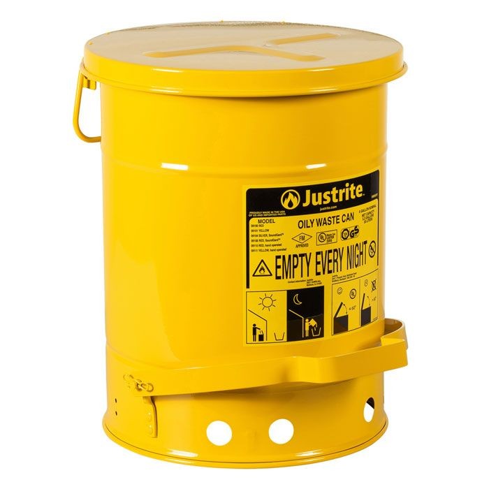 Justrite Foot-Operated Self-Closing Cover Oily Waste Can, 6 Gallon, Yellow (#09101)