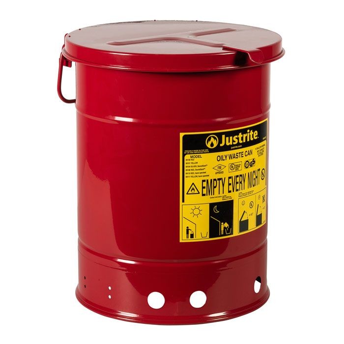 Justrite Hand-Operated Cover Oily Waste Can, 6 Gallon, Red (#09110)