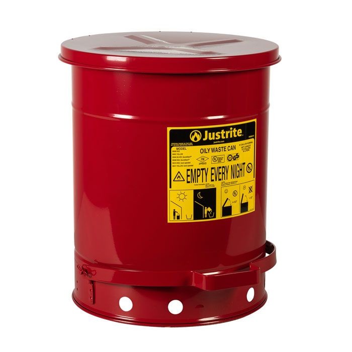 Justrite Foot-Operated Self-Closing Soundgard Cover Oily Waste Can, 10 Gallon, Red (#09308)