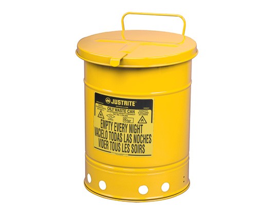 Justrite Hand-Operated Cover Oily Waste Can, 10 Gallon, Yellow (#09311)