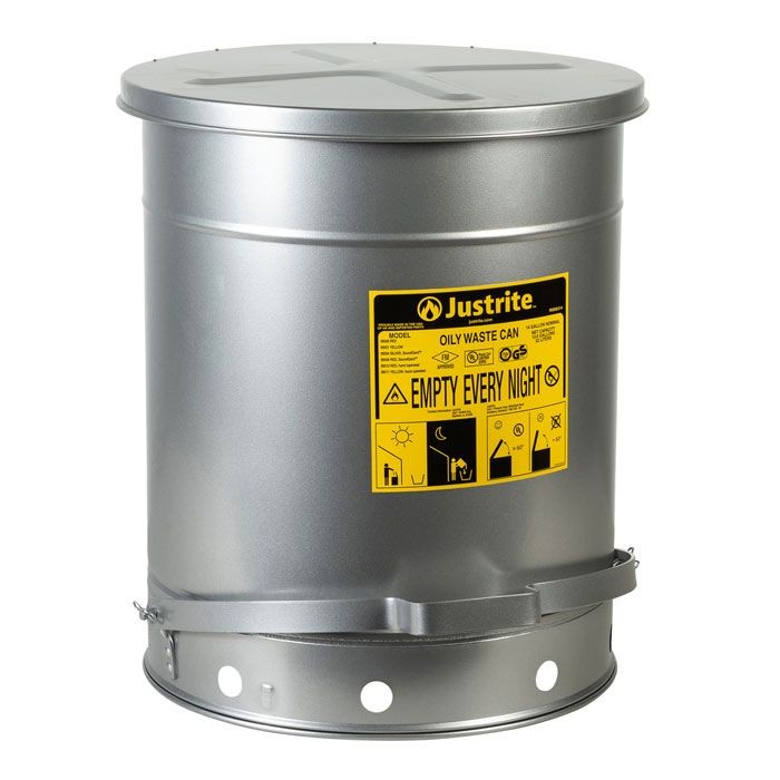 Justrite Foot-Operated Self-Closing Soundgard Cover Oily Waste Can, 14 Gallon, Silver (#09504)
