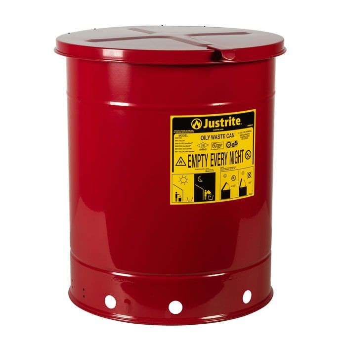 Justrite Hand-Operated Cover Oily Waste Can, 14 Gallon, Red (#09510)