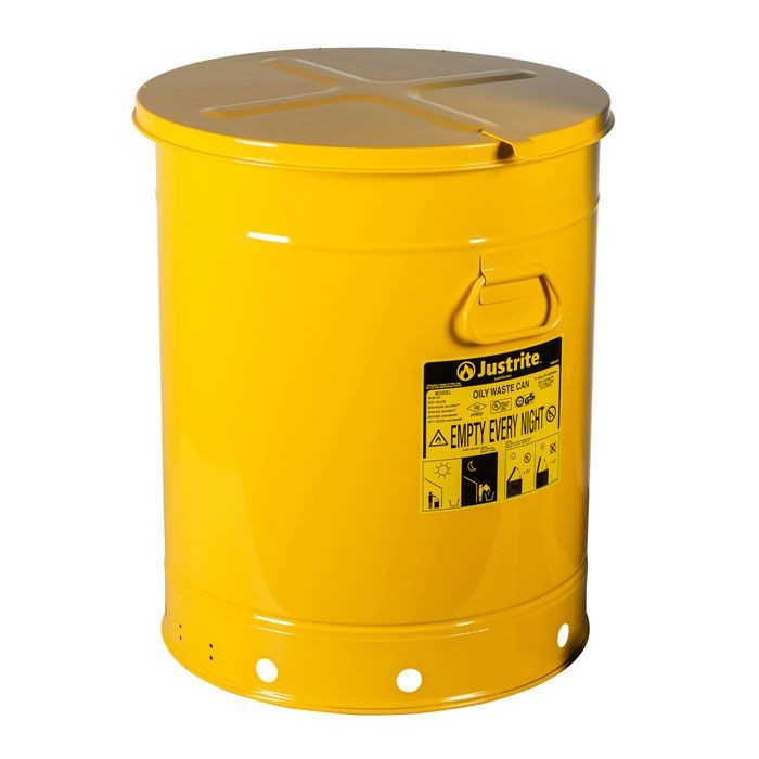 Justrite Hand-Operated Cover Oily Waste Can, 21 Gallon, Yellow (#09711)