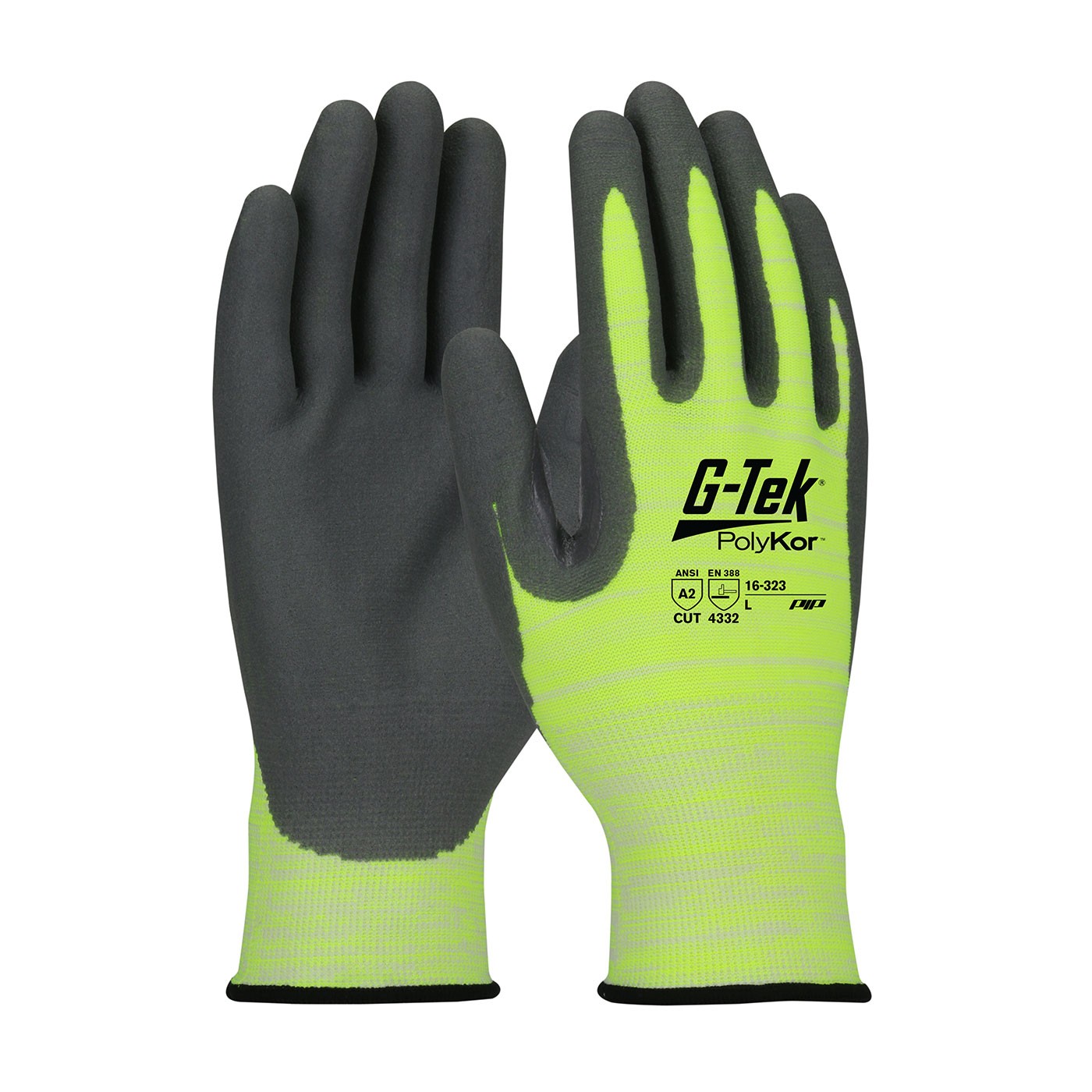 G-Tek® PolyKor® Hi-Vis Seamless Knit PolyKor® Blended Glove with Nitrile Coated Foam Grip on Palm & Fingers  (#16-323)