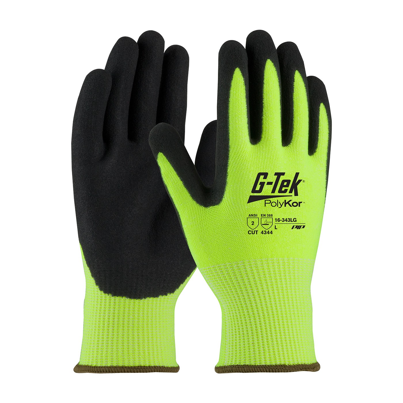 G-Tek® PolyKor® Hi-Vis Seamless Knit PolyKor® Blended Glove with Double-Dipped Nitrile Coated MicroSurface Grip on Palm & Fingers  (#16-343LG)