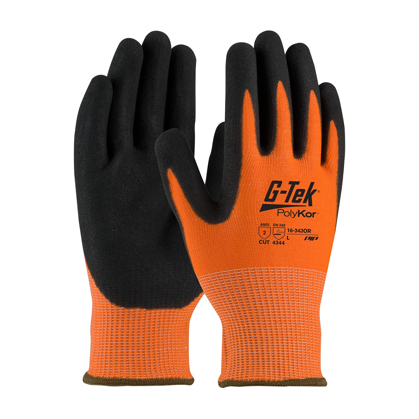 G-Tek® PolyKor® Hi-Vis Seamless Knit PolyKor® Blended Glove with Double-Dipped Nitrile Coated MicroSurface Grip on Palm & Fingers  (#16-343OR)