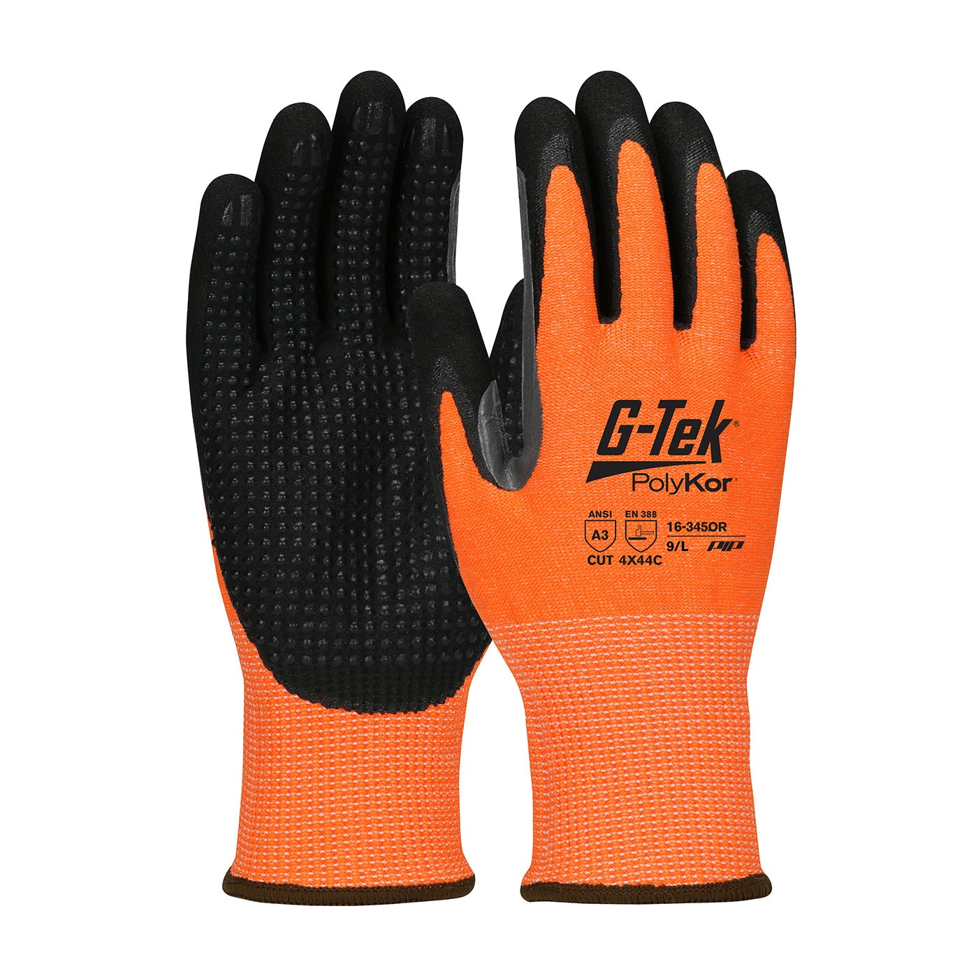 G-Tek® PolyKor® Hi-Vis Seamless Knit PolyKor® Blended Glove with Double-Dipped Nitrile Coated MicroSurface Grip on Palm & Fingers, Micro Dot Palm and Extended Thumb Crotch  (#16-345OR)