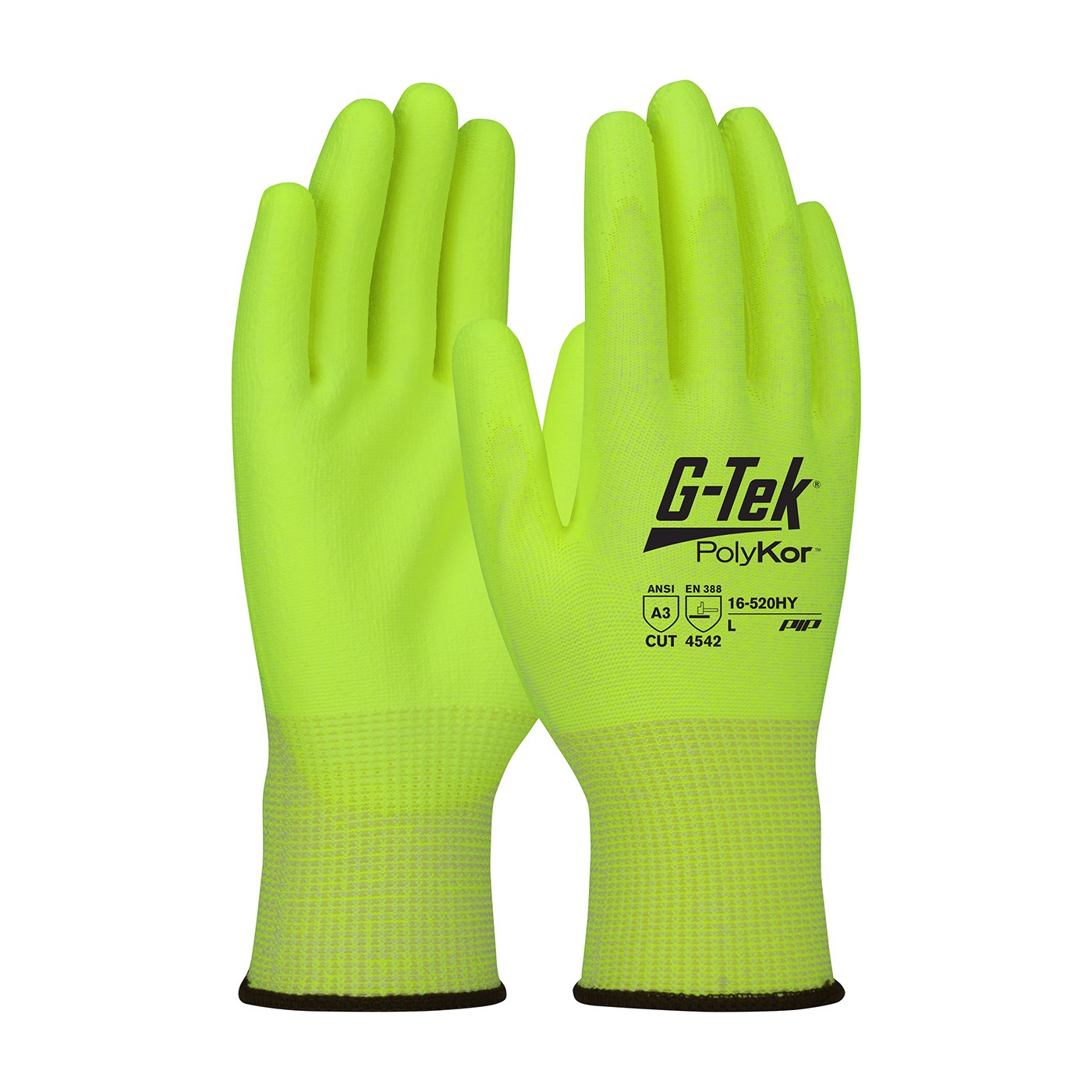 G-Tek® PolyKor® Hi-Vis Seamless Knit PolyKor® Blended Glove with Polyurethane Coated Smooth Grip on Palm & Fingers  (#16-520HY)