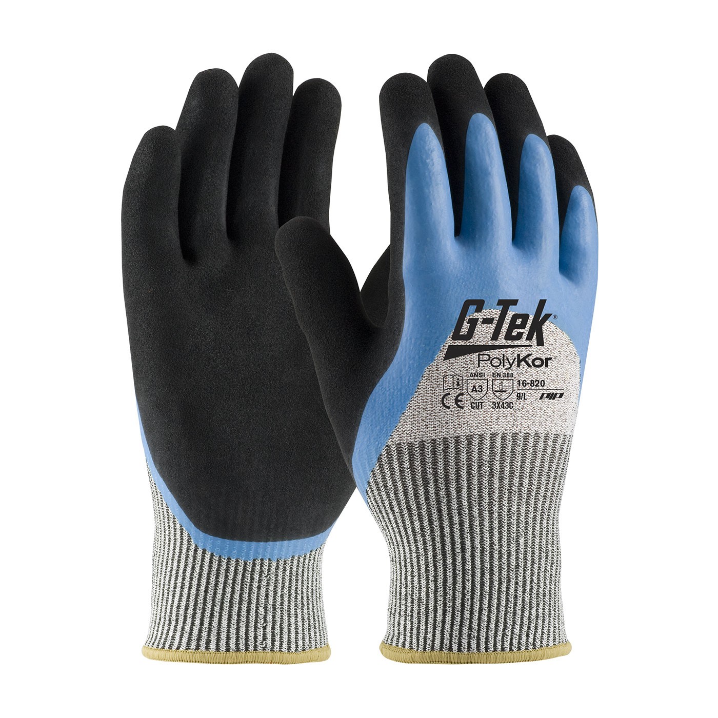 G-Tek® PolyKor® Seamless Knit PolyKor® Blended Glove with Acrylic Lining and Double-Dipped Latex Coated MicroSurface Grip on Palm, Fingers & Knuckles  (#16-820)