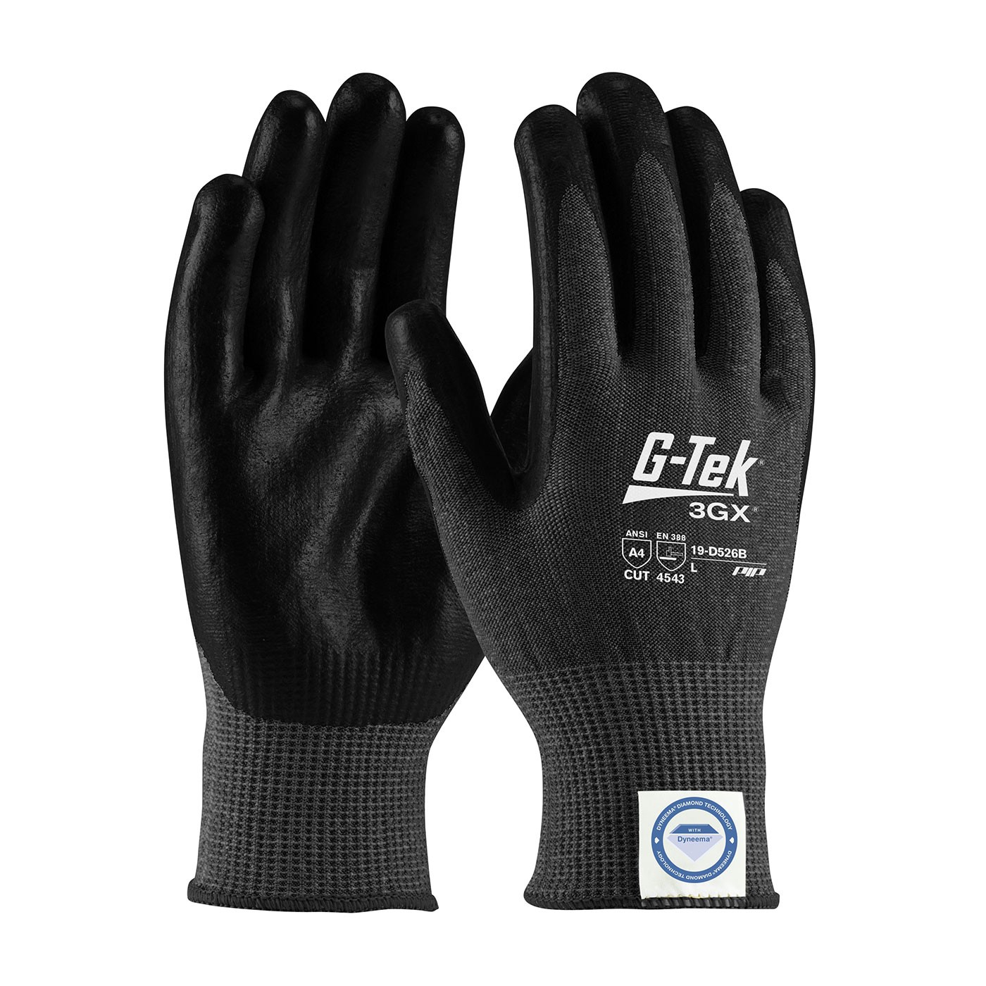 G-Tek® 3GX® Black Seamless Knit Dyneema® Diamond Blended Glove with Polyurethane Coated Smooth Grip on Palm & Fingers - Touchscreen Compatible  (#19-D526B)