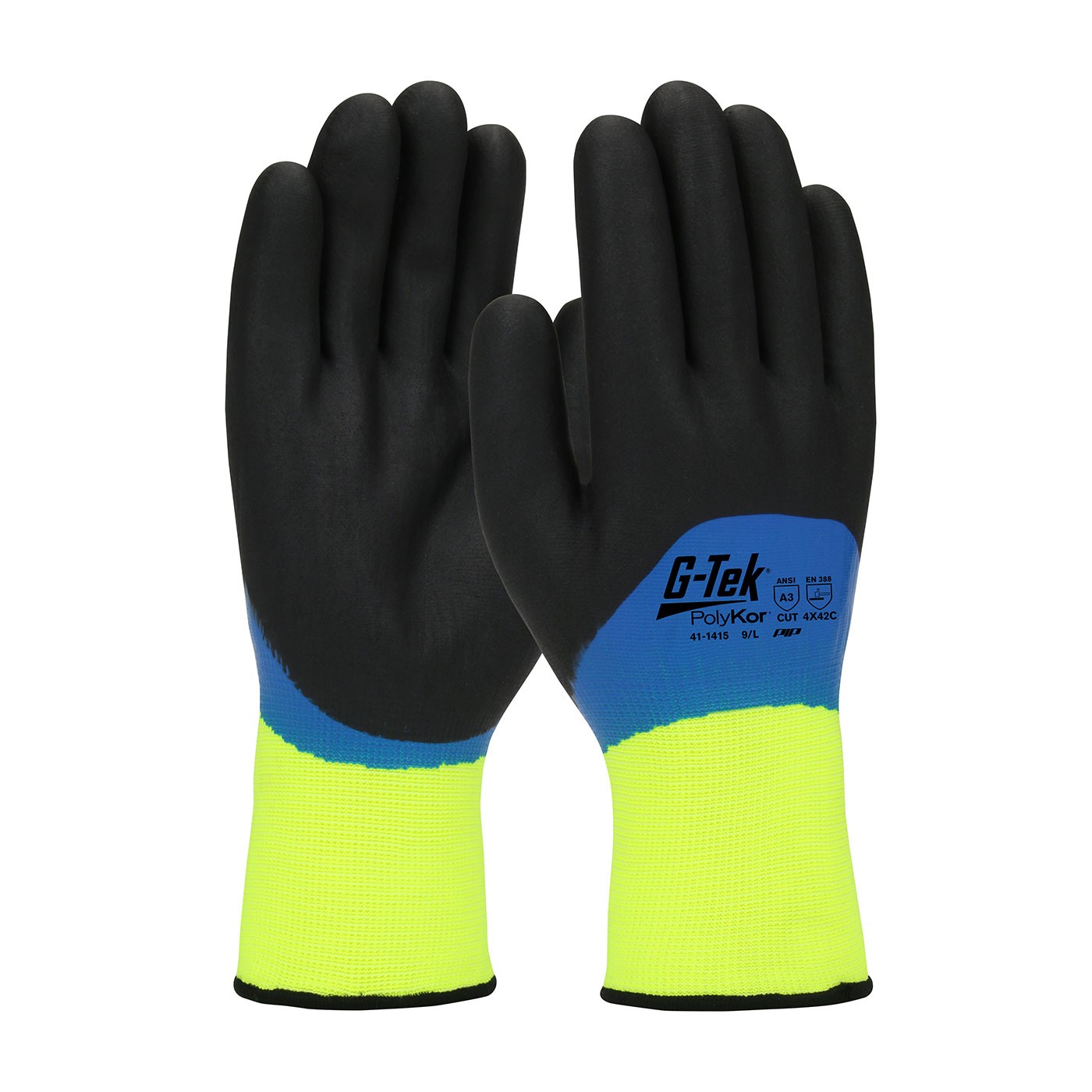 G-Tek® PolyKor® Hi-Vis Seamless Knit PolyKor® Blended Glove with Acrylic Liner and Double-Dipped Nitrile Coated Foam Grip on Full Hand  (#41-1415)