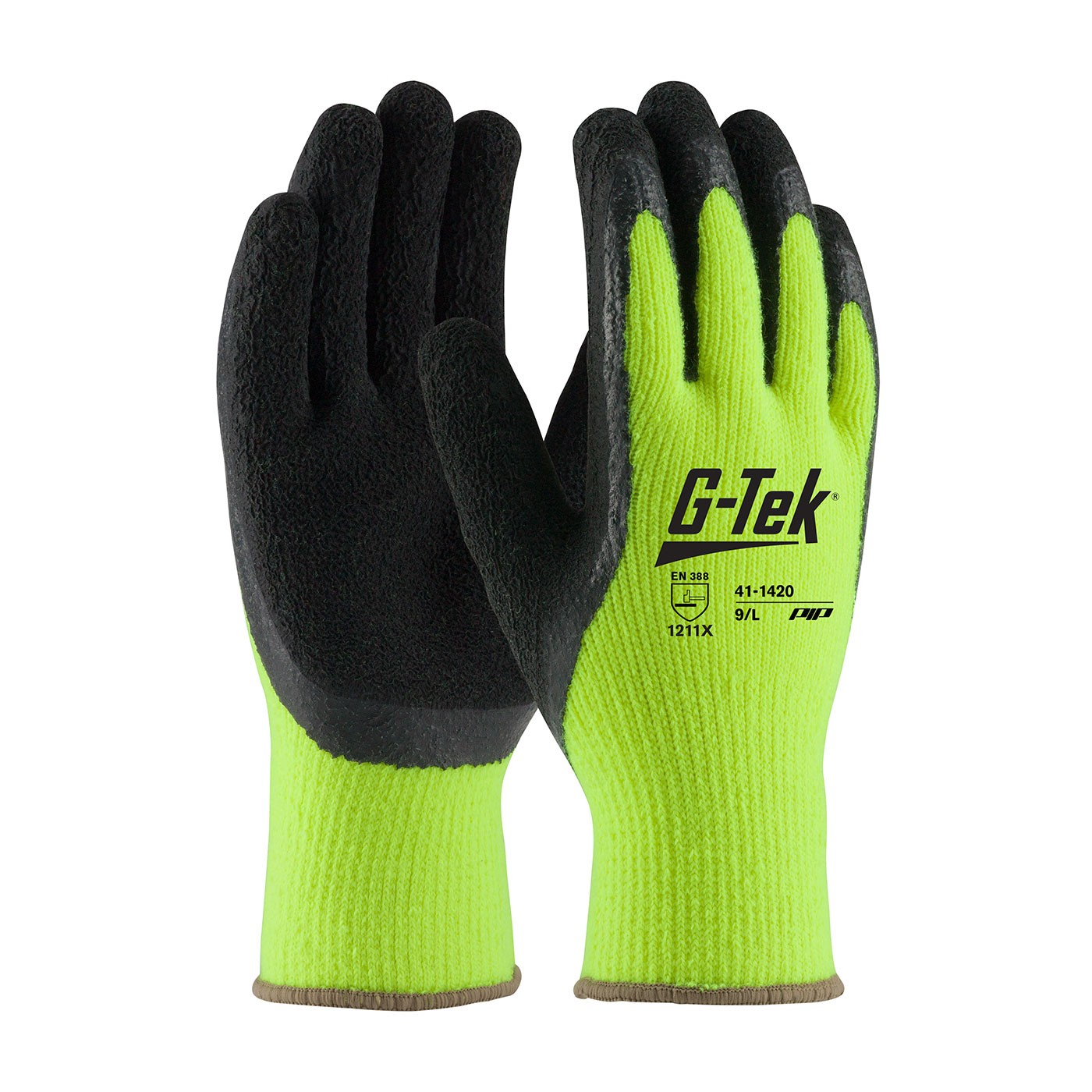 G-Tek® Hi-Vis Seamless Knit Acrylic Terry Glove with Latex Coated Crinkle Grip on Palm & Fingers  (#41-1420)