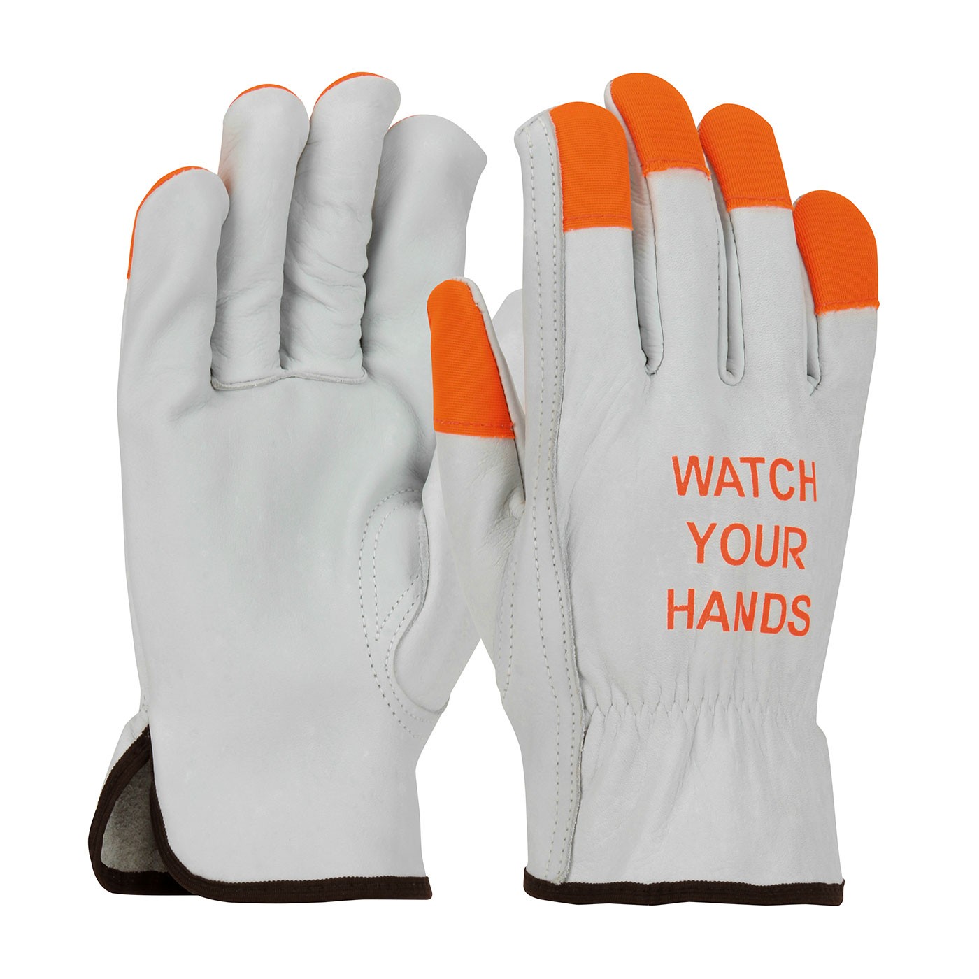 PIP® Economy Grade Top Grain Cowhide Leather Drivers Glove with Hi-Vis Fingertips and "Watch Your Hands" Logo - Keystone Thumb  (#68-162HV)