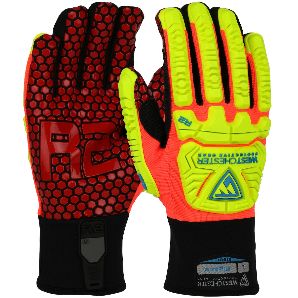 R2 RigAce™ Synthetic Leather Double Palm with Silicone Palm and Fabric Back - TPR Impact Protection  (#87010)