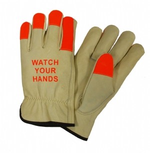 PIP® Select Grade Top Grain Cowhide Leather Drivers Glove with Hi-Vis Fingertips and "Watch Your Hands" Logo - Keystone Thumb  (#990KOT)