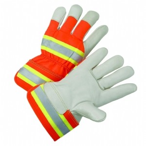 PIP® Top Grain Cowhide Leather Palm Glove with Hi-Vis Fabric Back - Rubberized Safety Cuff  (#HVO5000)