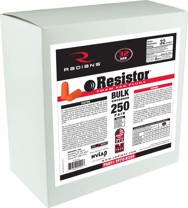 Radians Resistor® 32 Disposable Foam Earplug 250 Pair Dispenser Refill (#FP70-B250)