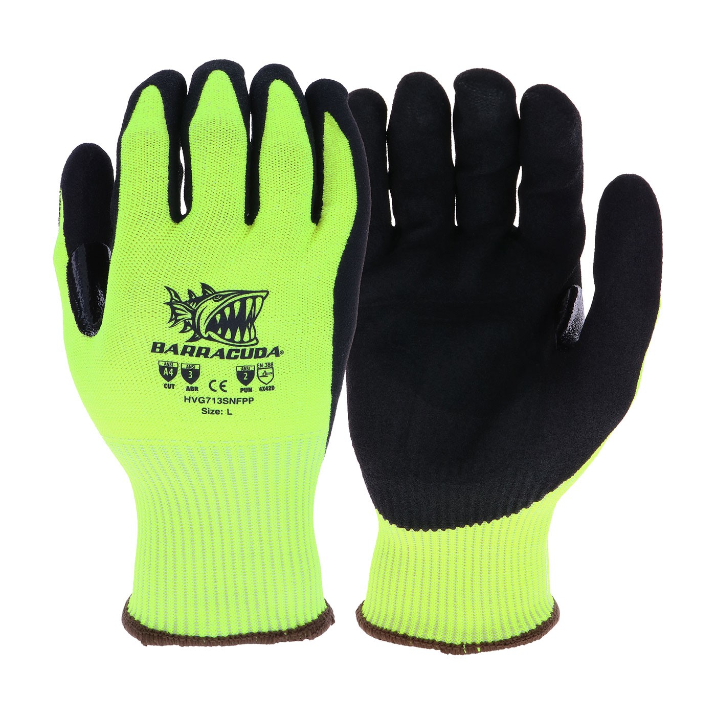 Barracuda® Hi-Vis Seamless Knit HPPE Blended Glove with Padded Palm and Nitrile Coated Sandy Grip on Palm & Fingers - Touchscreen Compatible  (#HVG713SNFPP)