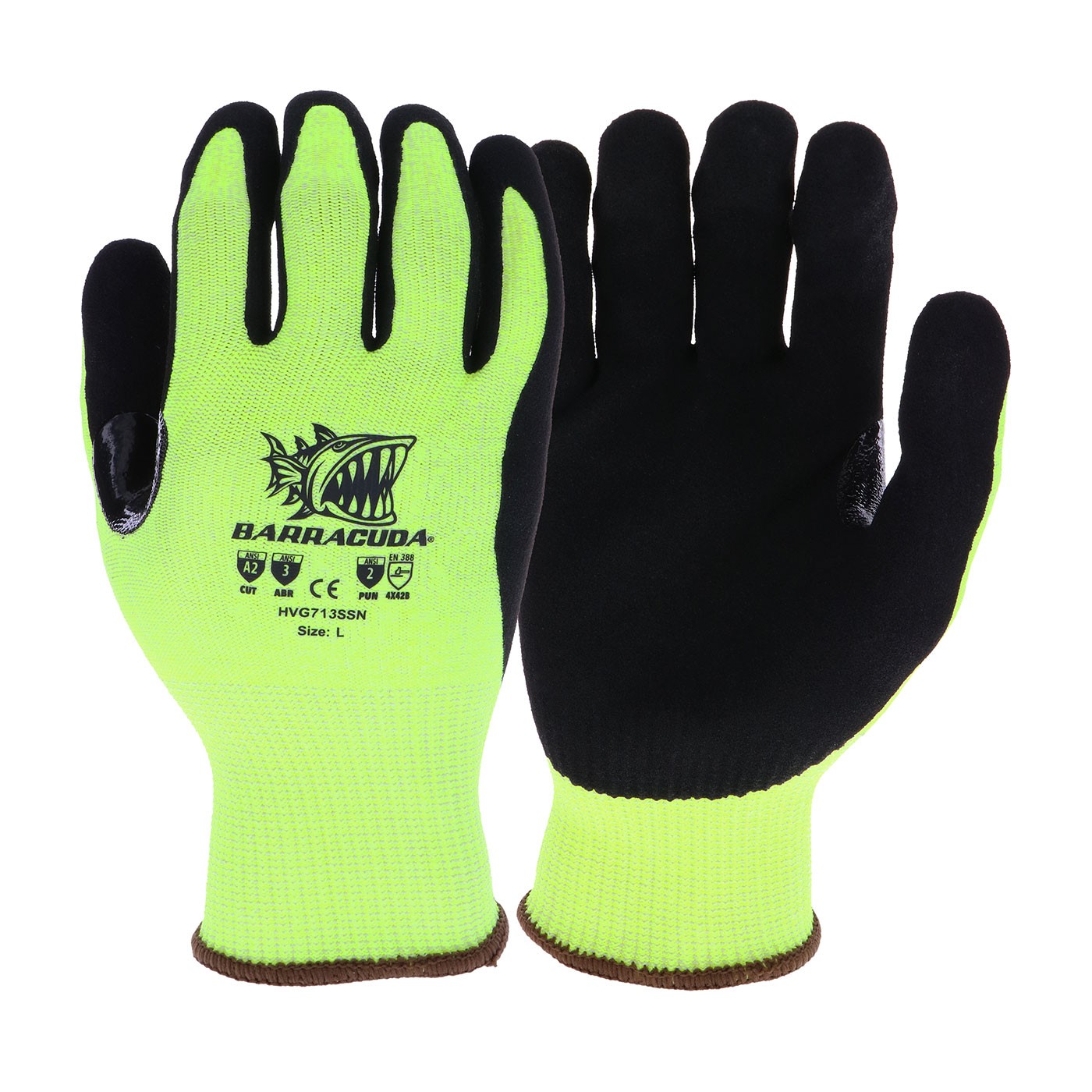 Barracuda® Hi-Vis Seamless Knit HPPE Blended Glove with Nitrile Coated Sandy Grip on Palm & Fingers - Touchscreen Compatible  (#HVG713SSN)