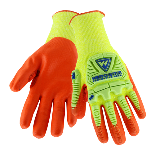 R2™ Hi-Vis Seamless Knit HPPE Blended Glove with Impact Protection and Nitrile Coated Foam Grip on Palm & Fingers  (#HVY710HSNFB)