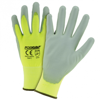 PosiGrip® Hi-Vis Seamless Knit Polyester Glove with Polyurethane Coated Smooth Grip on Palm & Fingers-Touch Screen Compatible  (#HVY713SUTS)