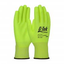 G-Tek® PolyKor® Hi-Vis Seamless Knit PolyKor® Blended Glove with Polyurethane Coated Smooth Grip on Palm & Fingers  (#16-520HY)