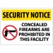 Security Notice Concealed Firearms Are Prohibited In This Facility Sign (#SN12)